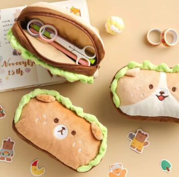 Cute Dog And Bear Burger Plush Pencil Cases, 2 of 7