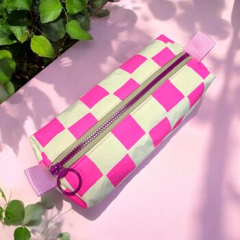 Handprinted Boxy Pouch Pink Checkered Pattern On Natural Canvas, 4 of 4