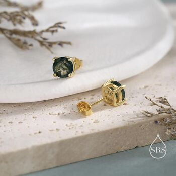 Sterling Silver Natural Moss Agate Stud Earrings, 7 of 12