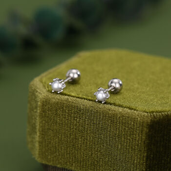 Sterling Silver Tiny Pearl 18 G Screw Back Earrings With Ball Backs, 2 of 11