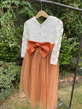 Long Sleeve Lace Burnt Orange Tulle Dress, 2 of 7