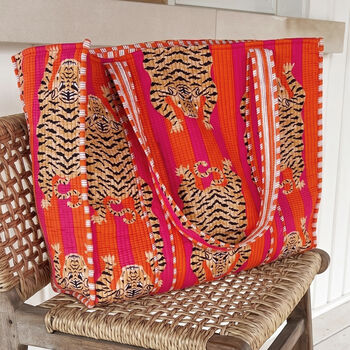 Tote Bag Cotton Tiger Print Quilted Beach Bag, 2 of 6