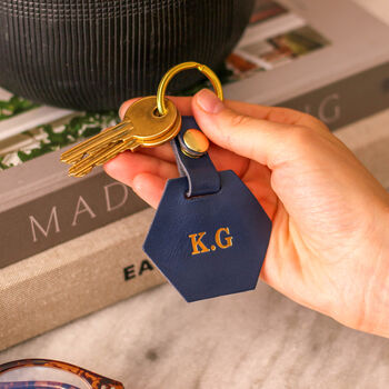 Personalised Leather Hexagon Keyring Gift For New Home, 3 of 4
