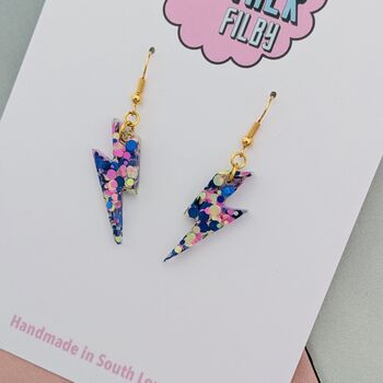 Blue, Pink And Yellow Lightning Bolt Earrings Small And Large, 3 of 7
