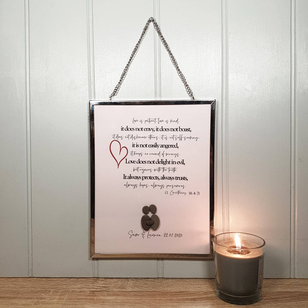 'love is patient…' framed christian pebble art by daisy maison