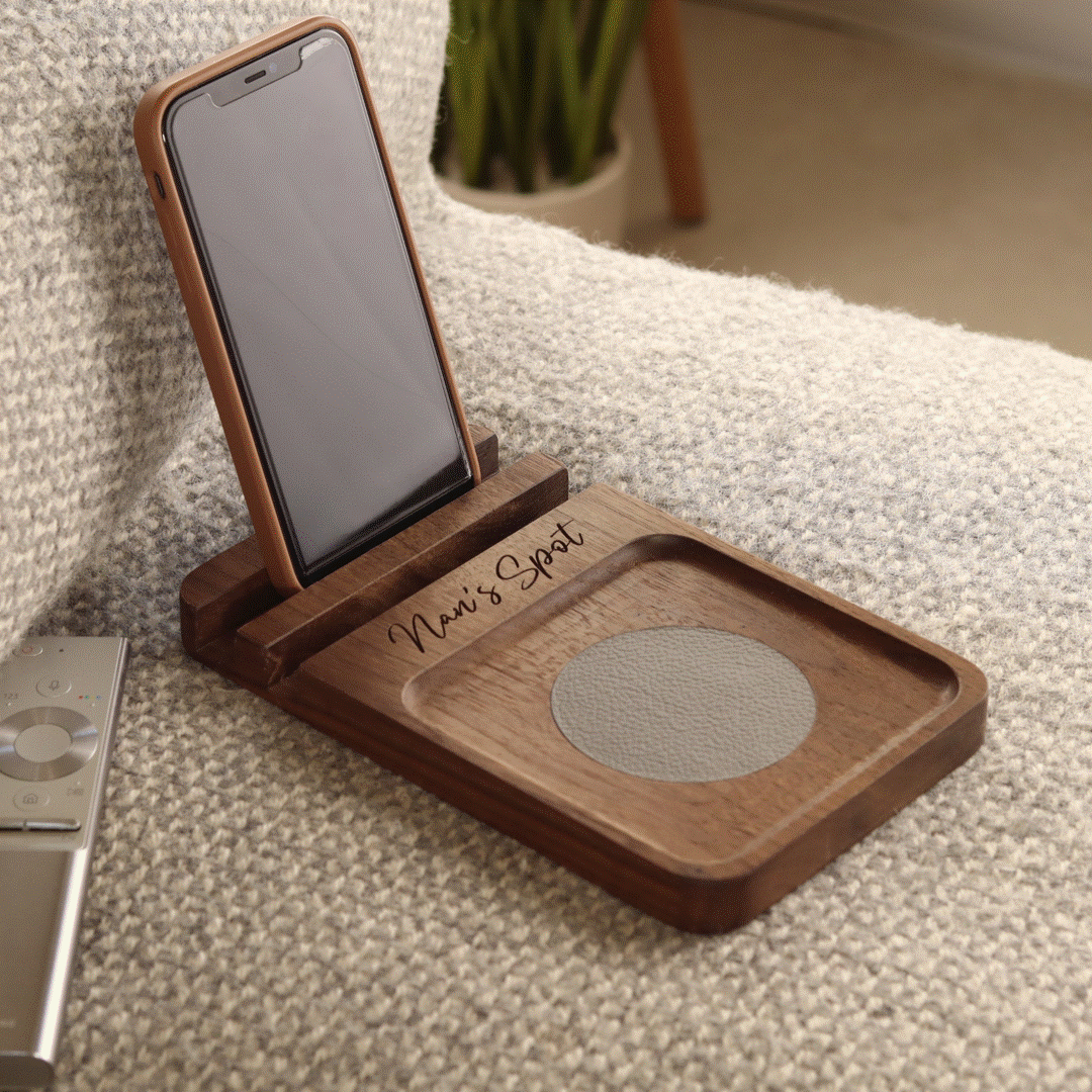 Personalised Solid Walnut Sofa Coaster Phone Stand, thumbnail 2 of 12