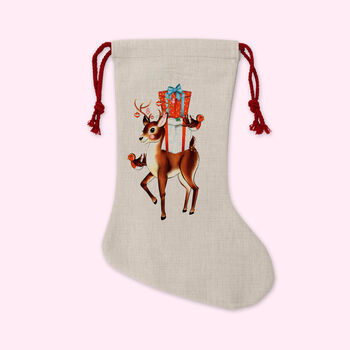 Retro Reindeer Linen Christmas Stocking, 4 of 5
