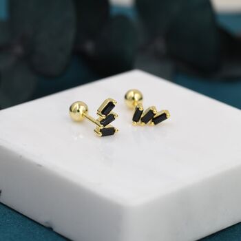 Sterling Silver Triple Black Baguette Cz Screw Back Earrings, 5 of 12