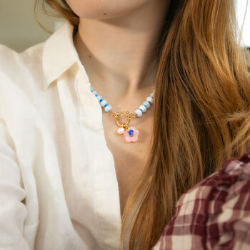 Blue Gemstone And Pink Flower Gingham Necklace, 2 of 6