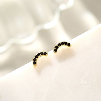 Sterling Silver Black Cz Curved Bar Tiny Stud Earrings, 2 of 12