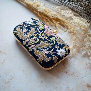 Meena Navy Blue Silk Embroidered Clutch, 2 of 4