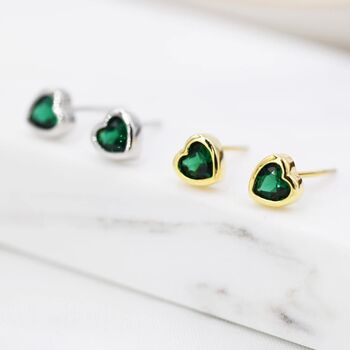 Tiny Emerald Green Cz Heart Stud Earrings, 2 of 12