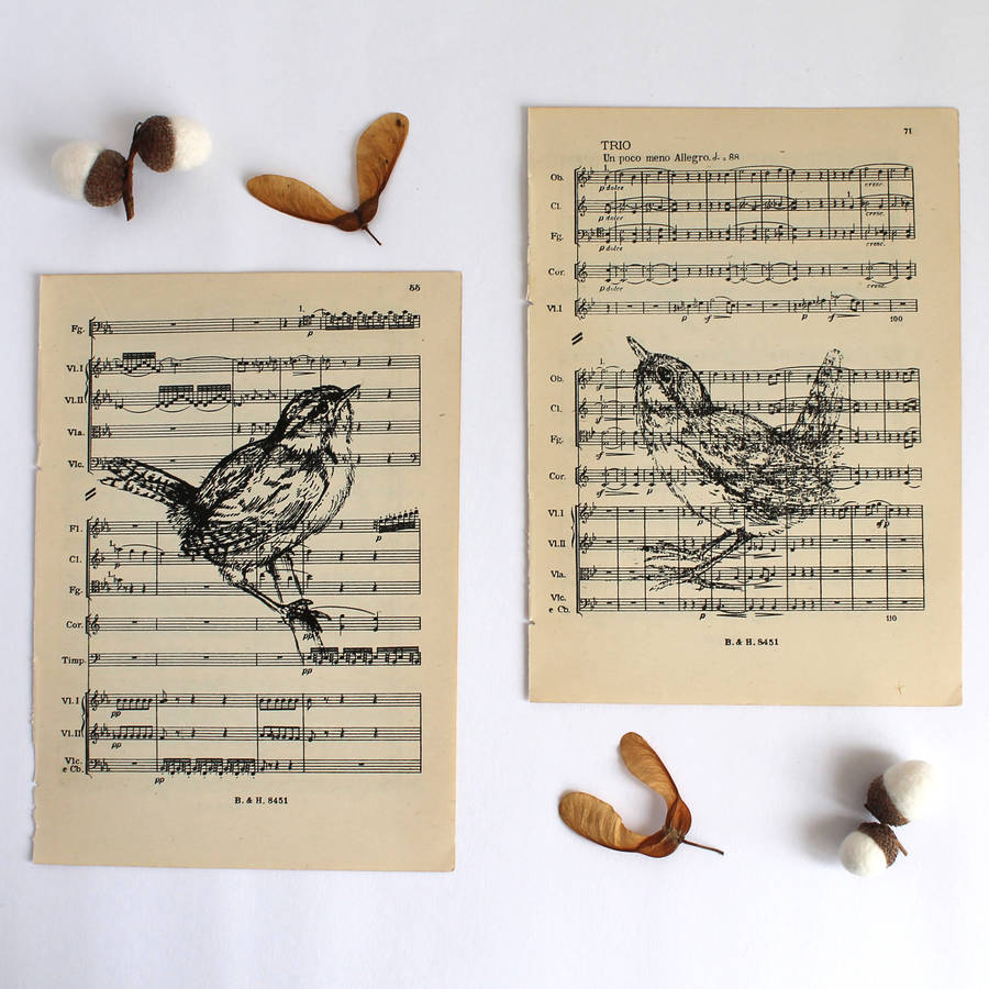 Wren Print On Vintage Music Paper, 1 of 6