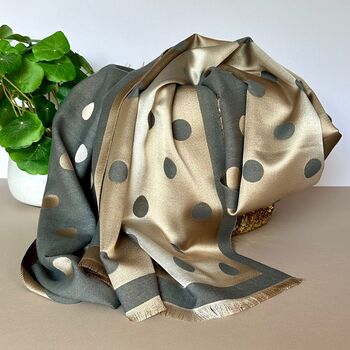 Silky Grey And Gold Spot Reversible Scarf, 4 of 9