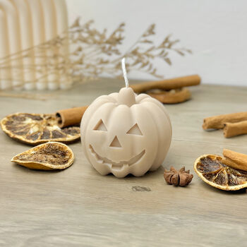 Autumn Beige Carved Pumpkin Candle Halloween Decor, 6 of 10