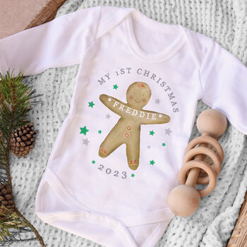 Personalised 'My 1st Christmas' Gingerbread Baby Outfit, 2 of 6