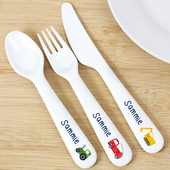 Personalised Digger, Tractor, Truck Plastic Cutlery, 2 of 3