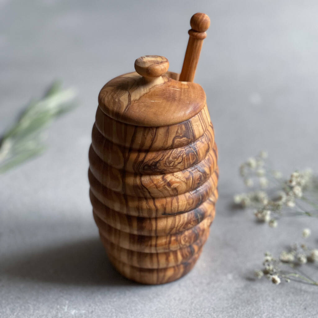 Olive Wood Honey Pot And Drizzler Set, 1 of 4