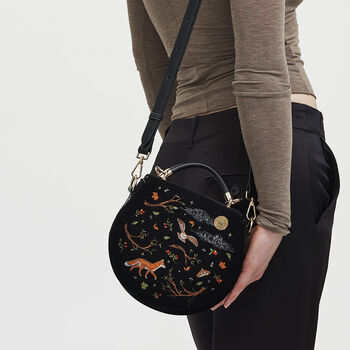 Fox And Owl Embroidered Black Top Handle Saddle Bag, 2 of 8