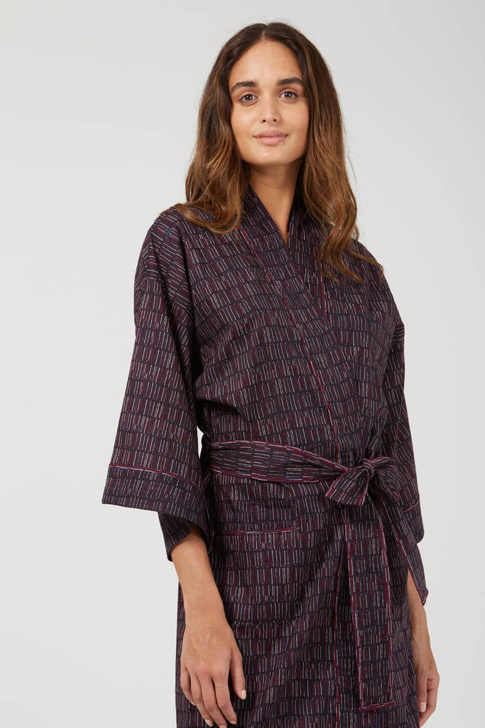 Cotton Wrap Kimono In Navy Dash Print By Caro London