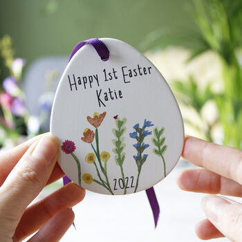 First Easter Floral Ceramic Egg Hanging Decoration, 7 of 7