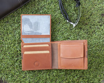 Personalised English Leather Tan Trifold Men's Wallet, 4 of 12