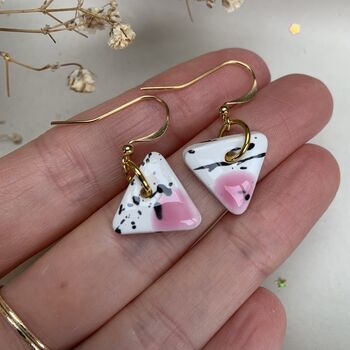 Ceramic Triangle Earrings Pink White And Black Speckled Dangle Earrings With Gold Hooks, 3 of 11