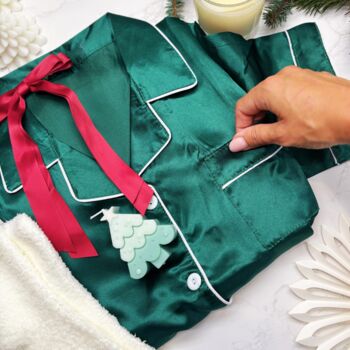 Luxury Christmas Pyjama Gift Set For Her – Festive Green Satin Pjs, Candle, Socks And Hair Bow, 2 of 9