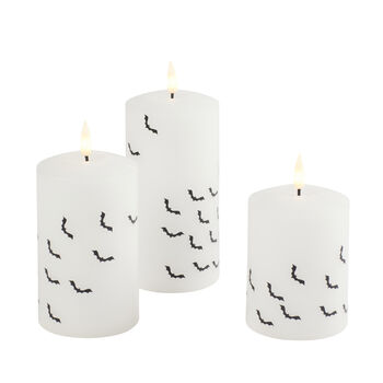 Set Of Three Tru Glow LED Pillar Candles With Bat Decal, 4 of 4