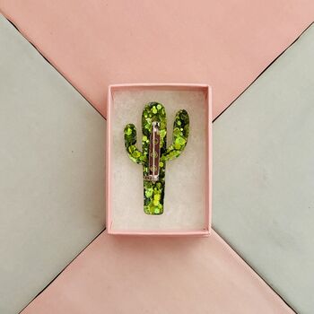 The 'Desert Sparkle' Cactus Glitter Brooch / Botanical Gift For Her /Green Succulent Brooch / Birthday Gift For Plant Lovers, 6 of 6