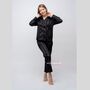 Black Stripe Soft Satin Long Sleeve Women Night Suit, thumbnail 4 of 11