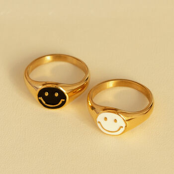 Signet Ring With Black Happy Smile Face, Gold Plated, 4 of 5