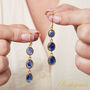 Blue Sapphire Cabuchon Triple Stone Drop Gold Silver Earrings, thumbnail 4 of 9