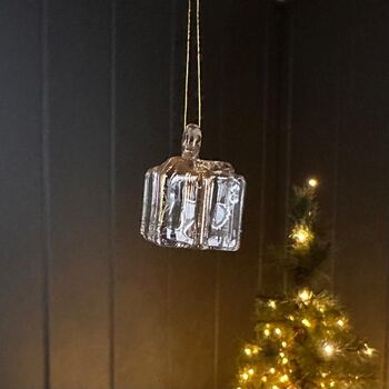 Hanging Glass Gold Present Christmas Decoration, 2 of 2