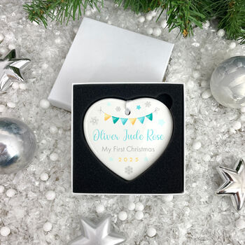 My First Christmas Baby Boy Garland Ceramic Heart Hanging Decoration + Gift Box, 2 of 7