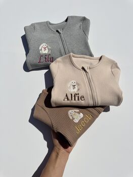 Goose Personalised Baby Zip Sleepsuit – Embroidered Baby Grow With Name – Bunny , Teddy Bear Or Goose, 12 of 12