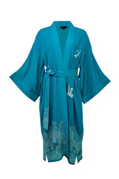 Origami And Hokusai Wave Embroidered Deep Teal Long Kimono, 9 of 12