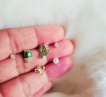 Cactus And Watering Can Mismatched Stud Earrings Set 14 K Gold Plated With Pearl, Gift For Her Plant Lover Jewellery, 2 of 9
