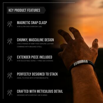 Men's Adjustable Black Leather Bracelet | Genuine Thick Double 6mm Woven Leather With Stainless Steel Snap Clasp, 5 of 6