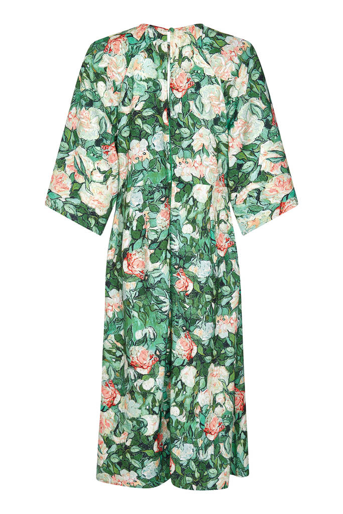 Bohemian Summer Dress In Celadon Rose Print Crepe By Nancy Mac