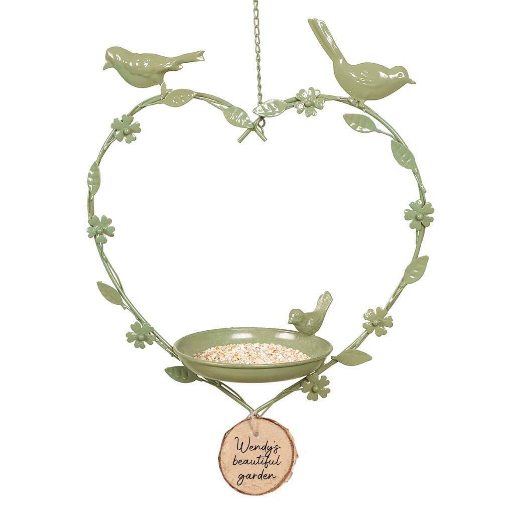 Personalised Sage Green Hanging Heart Bird Dish By Dibor
