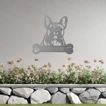 Custom French Bulldog Welcome Metal Wall Art Gift For Dog Lovers Home Or Garden Decor, 6 of 11