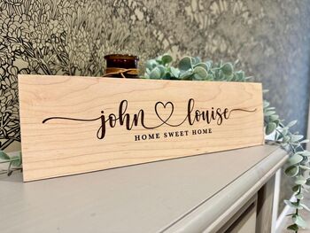 Personalised Engraved Wooden Sign – Slim Plywood ‘Home Sweet Home’ Plaque With Names, 3 of 4