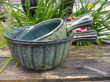 Set Of Two Reactive Glaze Handled Brûlée Bowls In Mist, 9 of 10