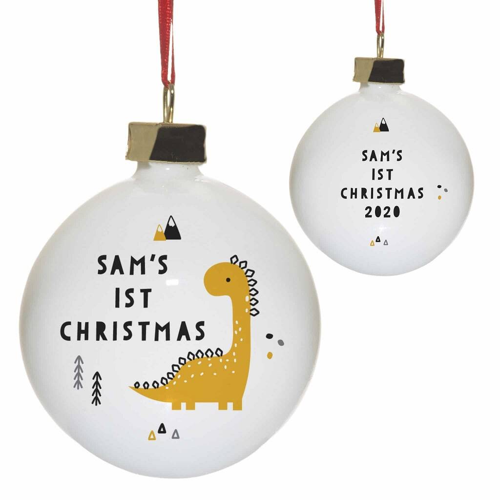 Personalised Dinosaur Baby's First Christmas Bauble By British And Bespoke Personalised Dinosaur Baby's First Christmas Bauble By British And Bespoke