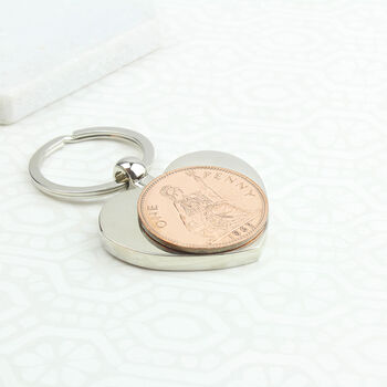 60th Birthday 1963 Penny Coin Heart Keyring, 2 of 6