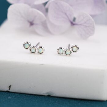 Sterling Silver Tiny White Opal Trio Stud Earrings, 5 of 12