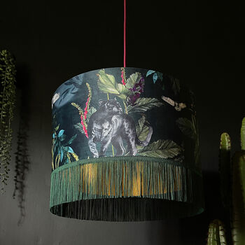 Fringed Velvet Lampshade With Gold Lining In Wild Wood, 2 of 5