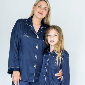 Navy Satin Embroidered Personalised Mummy Daughter Matching Pj, 5 of 9