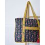 Block Printed Navy Blue, Mustard And Pink Lily Quilted Bag, thumbnail 3 of 7